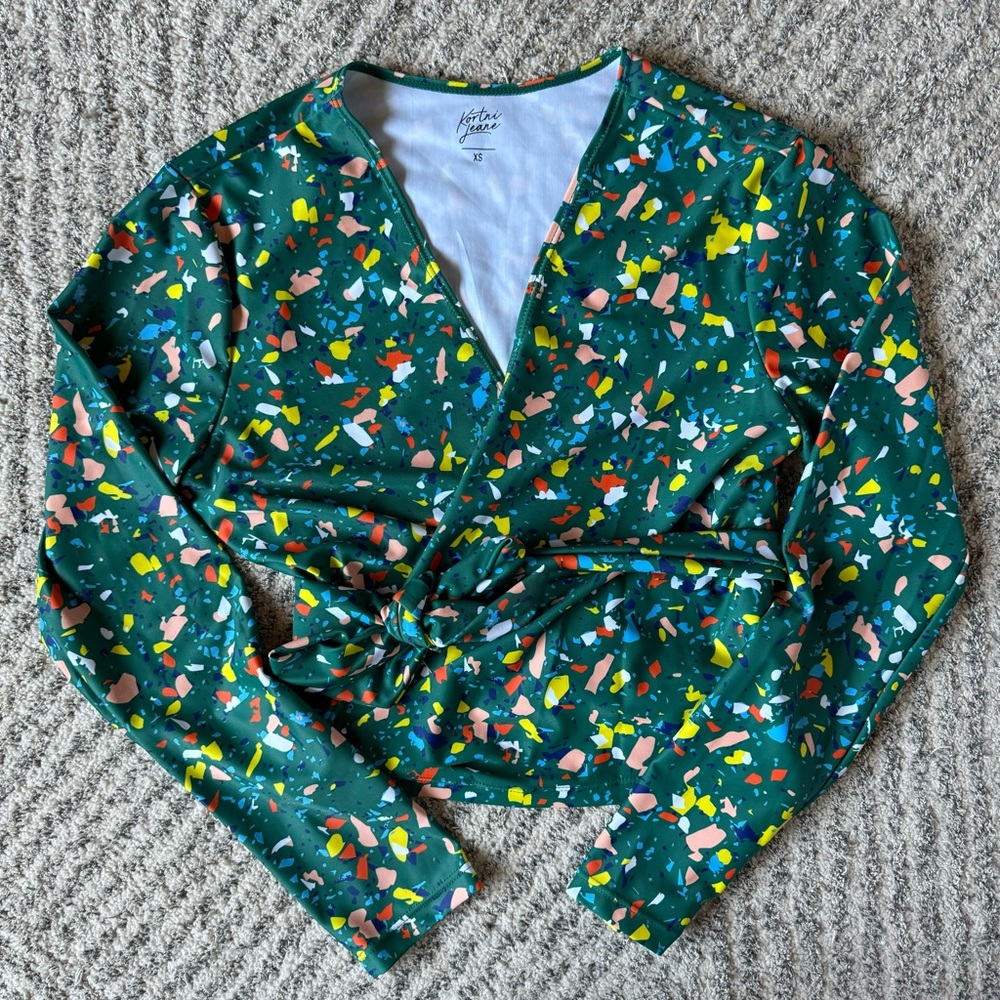 Kortni Jeane Terrazzo Green Wrap Rash-guard Swim Top